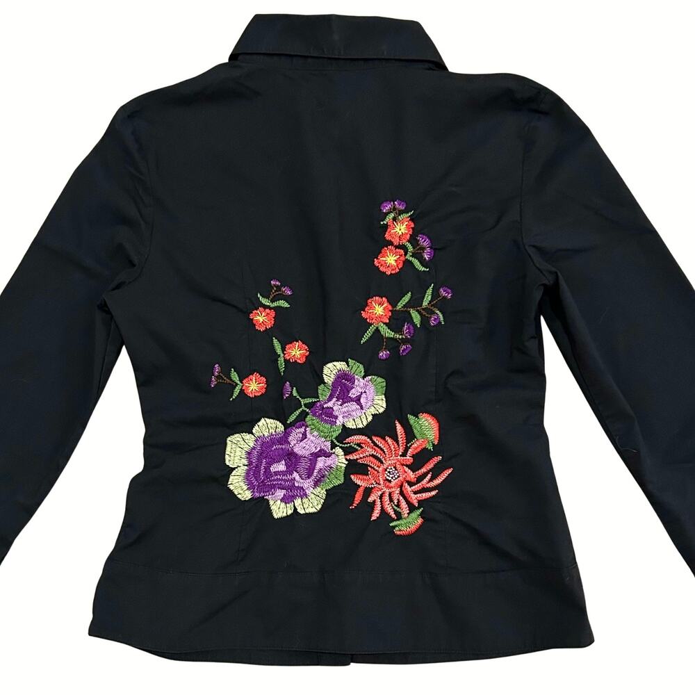 Moschino Vintage Black Ruched Button Up Floral Embroidery Back Italy 44 US 8